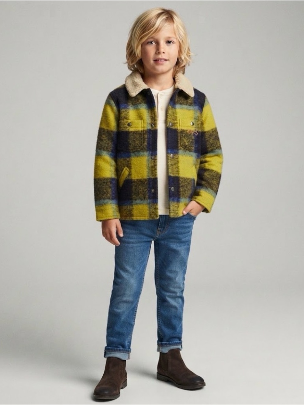 Bonpoint Baya Tartan Yellow and Navy Plaid Sherpa Collar Pea Coat